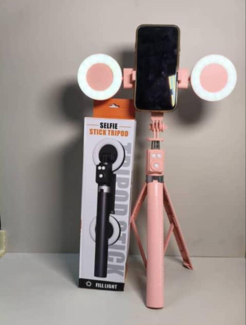 Pink Selfie Stick Tripod Stand with Dual Mini Ring Lights